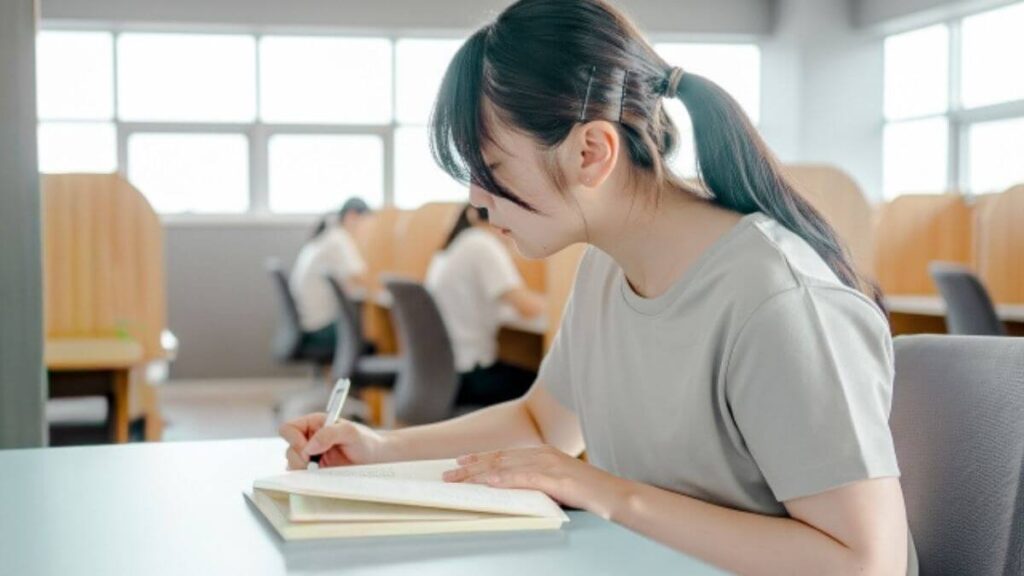 教室で勉強をする若い女性