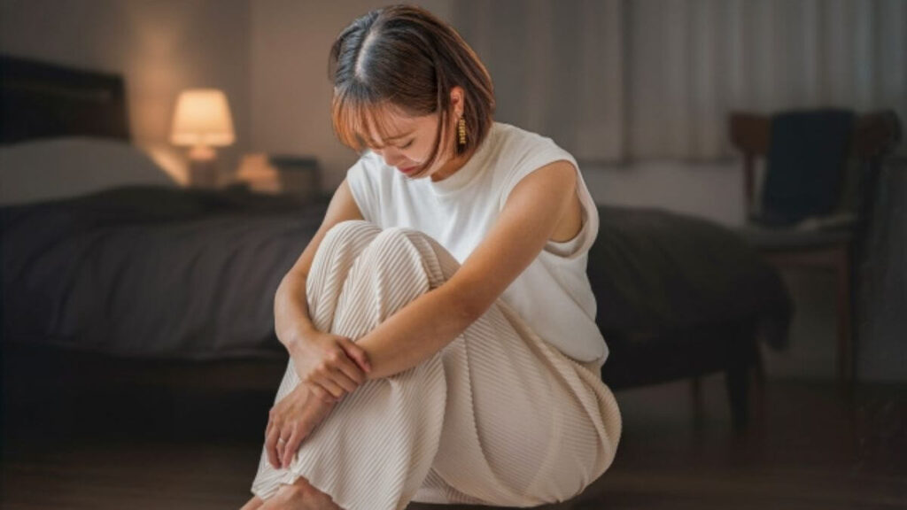 部屋で座り込んで落ち込む若い女性