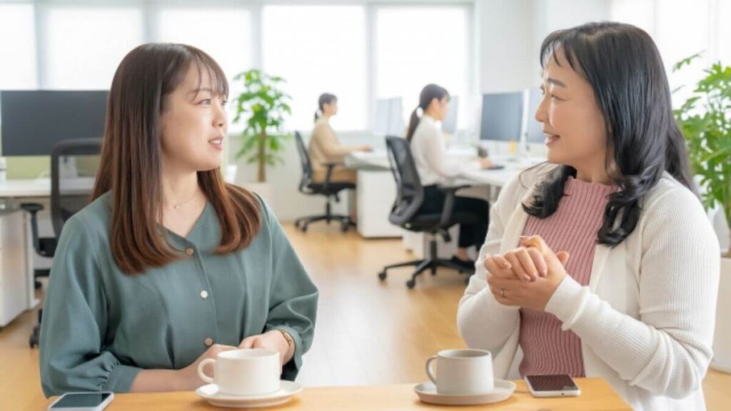 同僚の話を笑顔で聞く女性